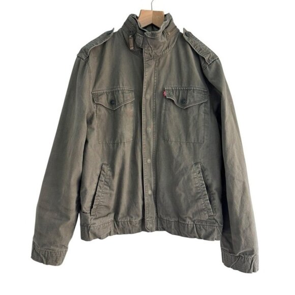 Vintage Levi’s Men's Sz M Olive Green Military Jacket Full Zip Front Zip Hood - Picture 1 of 16